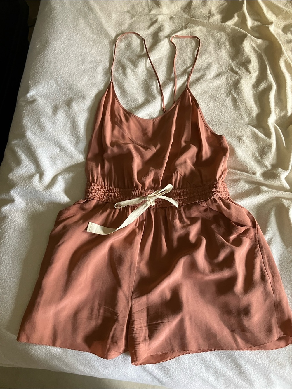 Aritzia Satin-Feel Spaghetti Strap Romper in Rosewood with Cream Tie